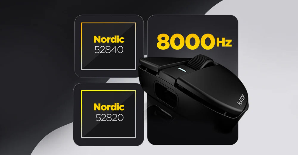 Schwarze Hator Gaming-Maus mit 8000Hz Polling-Rate und Angaben zu Nordic 52840 und 52820 Chips.