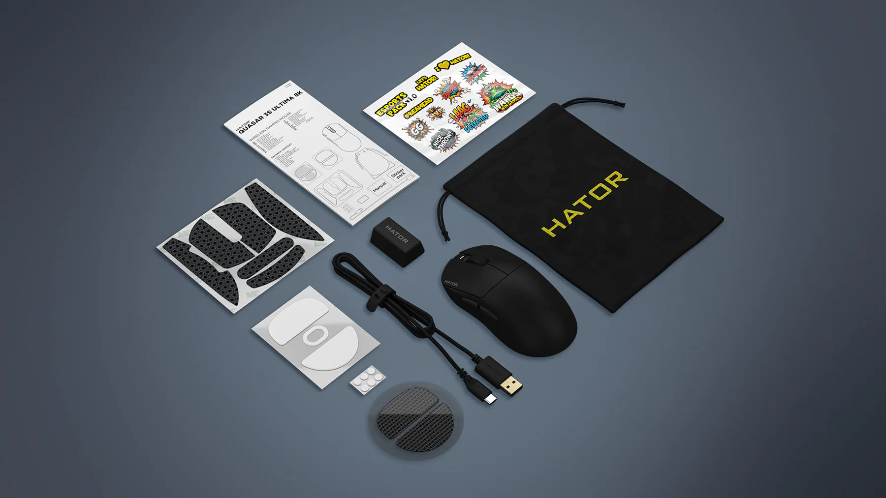 Lieferumfang der Hator Quasar 3S Ultima 8K Wireless Gaming Maus mit schwarzer Maus, Stoffbeutel, Kabel und Zubehör