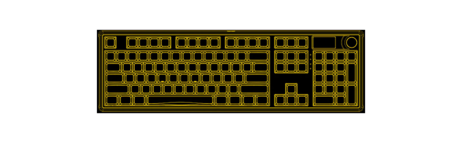Schematische Draufsicht einer Gaming-Tastatur mit gelben Linien auf schwarzem Hintergrund.
