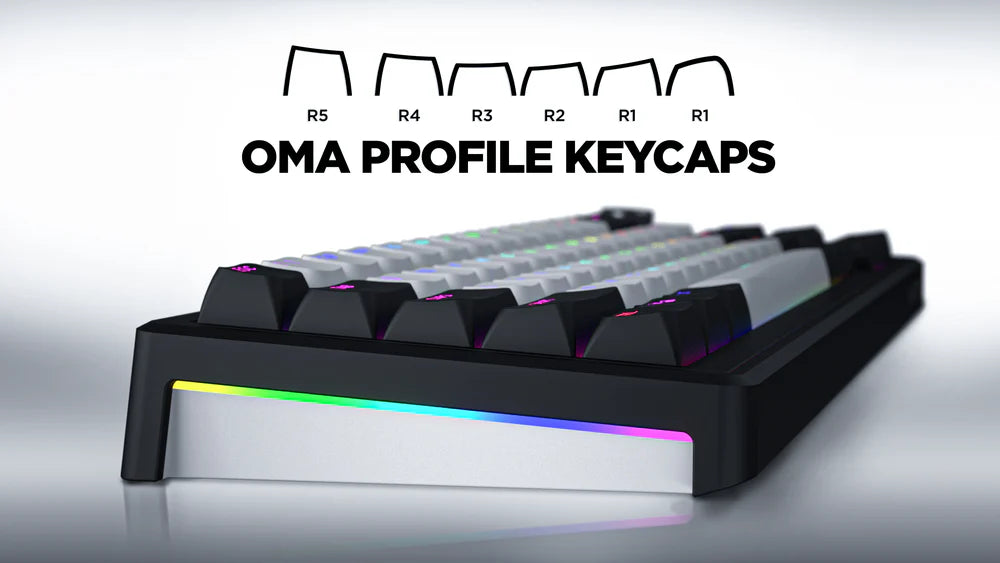 Mechanische Gaming-Tastatur mit OMA Profile Keycaps und RGB-Beleuchtung im Profil.