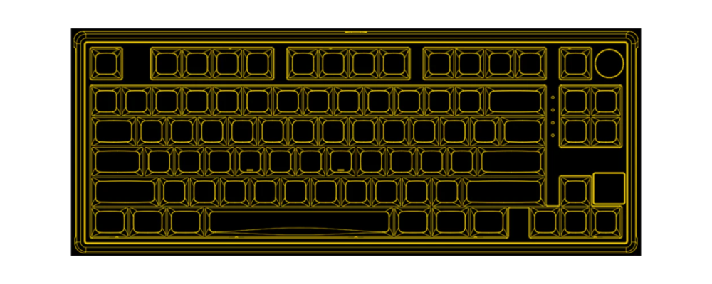 Schematische Darstellung einer mechanischen Gaming-Tastatur im Drahtgittermodell mit gelben Linien.