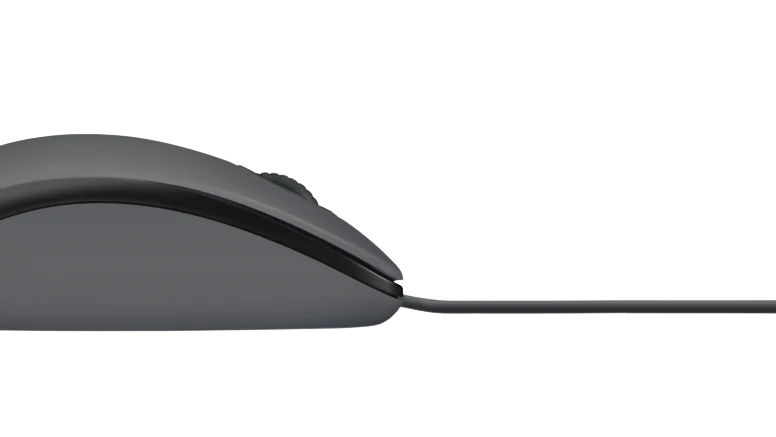 Seitenansicht einer ergonomischen, schwarzen Kabel-Computermaus mit Mausrad auf weißem Hintergrund.
