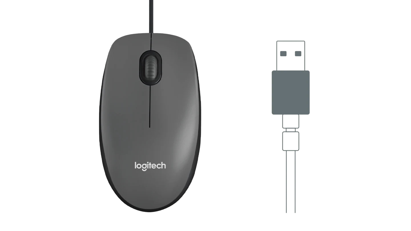 Dunkle Logitech Kabelmaus mit Scrollrad im Profil und dazugehörigem USB-Stecker auf weißem Hintergrund