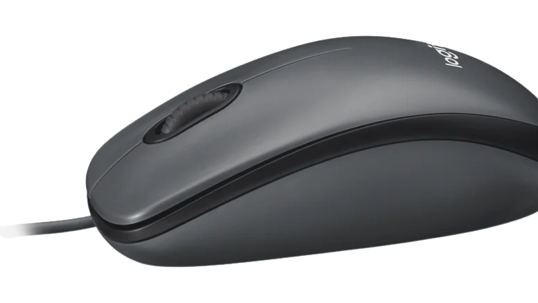 Schwarze Logitech Kabelmaus im Profil mit Mausrad und Tasten auf weißem Hintergrund