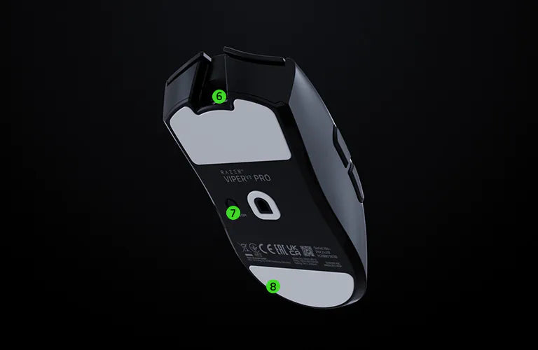 Unterseite der kabellosen Razer Viper V3 Pro Gaming-Maus mit Sensor und PTFE-Gleitsfüßen.