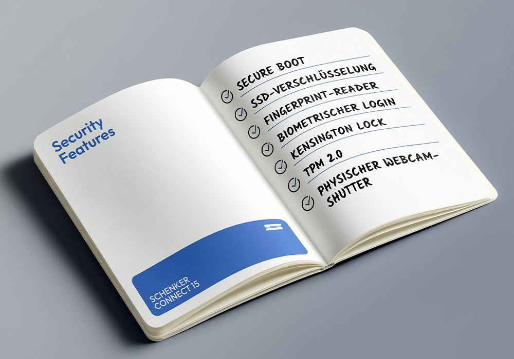 Notizbuch mit handgeschriebener Liste von Sicherheits-Features für den Schenker Connect 15 Laptop.
