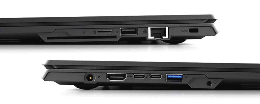 Detaillierte Ansicht der linken und rechten Anschlussseiten eines modernen High-End Gaming-Laptops mit vielfältigen Ports.