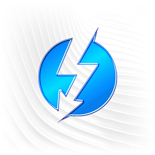 Blaues Thunderbolt-Logo als glänzendes 3D-Symbol auf hellem, strukturiertem Hintergrund.