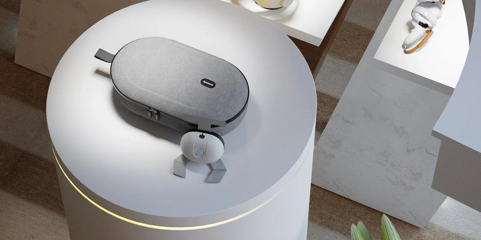 Graue Syntech VR-Brillen-Tragetasche mit kompaktem Zubehör auf weißem Display-Tisch