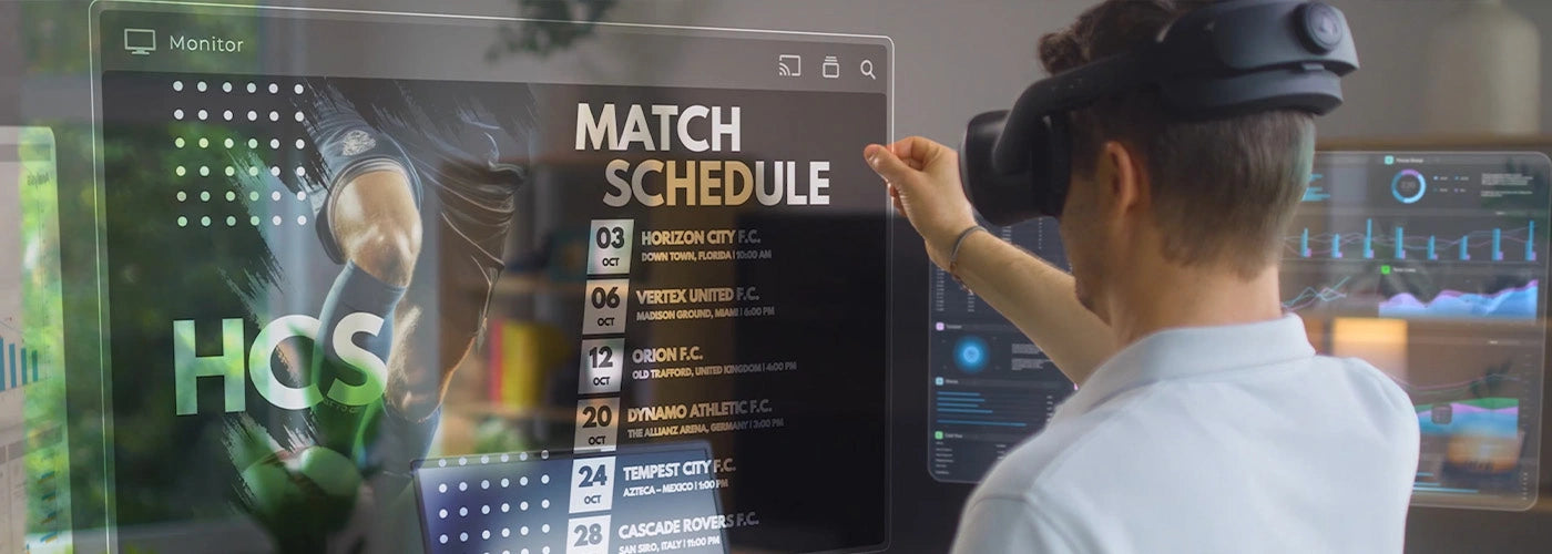 Person mit VR-Headset bedient schwebende transparente Displays mit Match-Schedule und Statistiken.