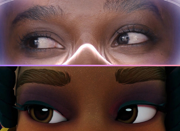 Nahaufnahme von Augen beim VR-Gaming, die den nahtlosen Übergang zwischen realistischer Person und digitalem Avatar zeigen