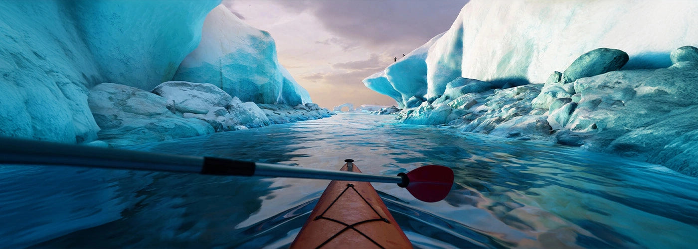 VR-Brillen Simulation einer Kajakfahrt durch eine atemberaubende Gletscher- und Eislandschaft