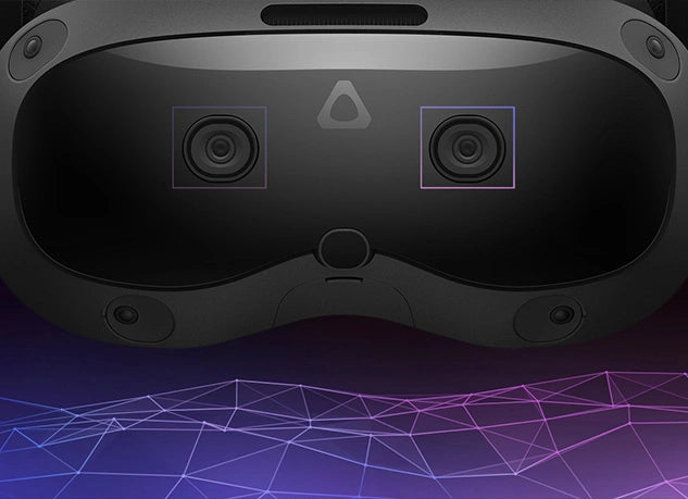 Nahaufnahme der Frontseite einer schwarzen VR-Brille mit integrierten Tracking-Kameras
