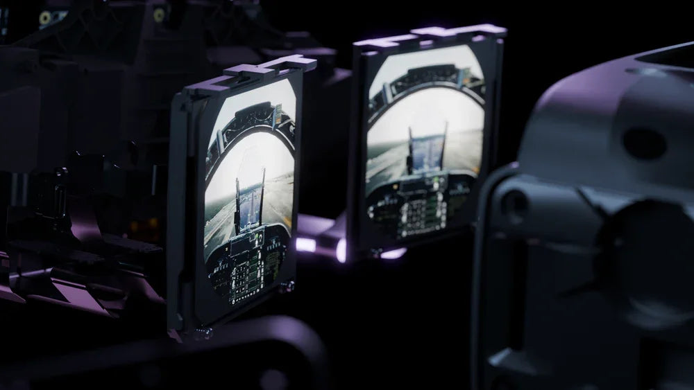 Blick durch die zwei hochauflösenden Linsen eines VR-Headsets auf ein Cockpit-Flugsimulator-Szenario.