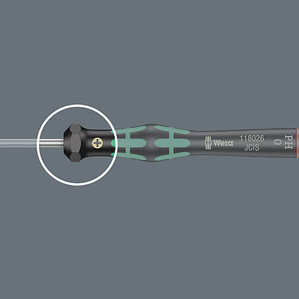 Detailansicht des ergonomischen Wera Feinmechanik-Schraubendrehers mit markiertem Abrollschutz.