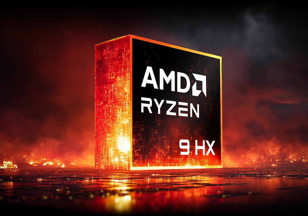 Leuchtender AMD Ryzen 9 HX Prozessor in einer feurigen, dramatischen Gamer-Umgebung mit rotem Licht.