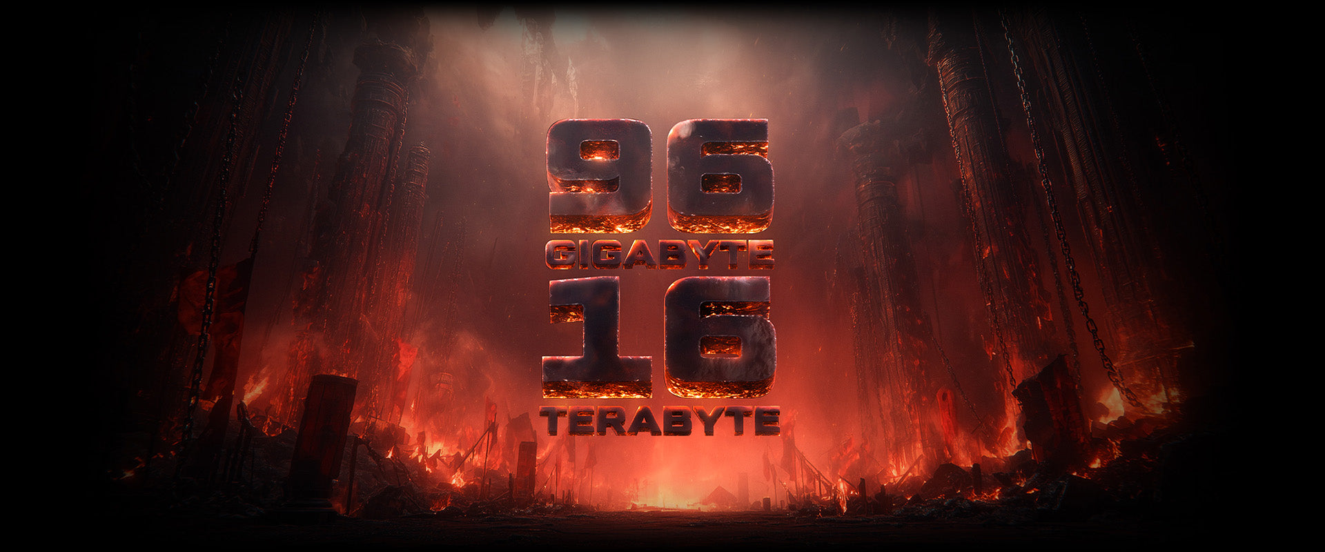 Dramatischer Gaming-Hintergrund mit der Aufschrift 96 Gigabyte und 16 Terabyte in brennendem Stein-Design.
