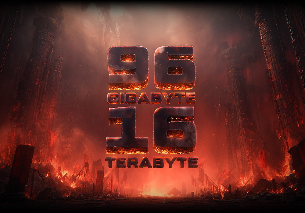 Epischer Gaming-Hintergrund mit der Aufschrift 96 Gigabyte und 16 Terabyte in feuriger Lava-Optik.