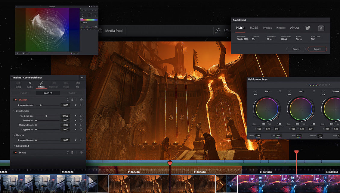 Videobearbeitung und Farbkorrektur in DaVinci Resolve auf einem hochgepeppelten Creator-Laptop