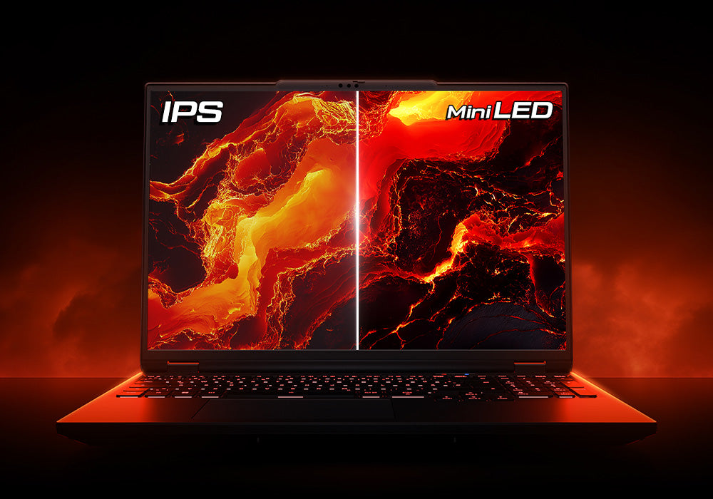 Vergleich zwischen IPS- und Mini-LED-Display eines Gaming-Laptops mit leuchtendem Lava-Motiv
