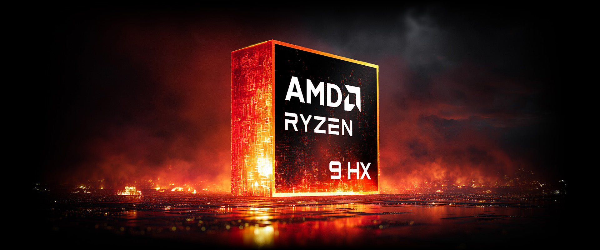 AMD Ryzen 9 HX Prozessor in einer futuristischen, feurig beleuchteten Umgebung mit Leiterbahnen.