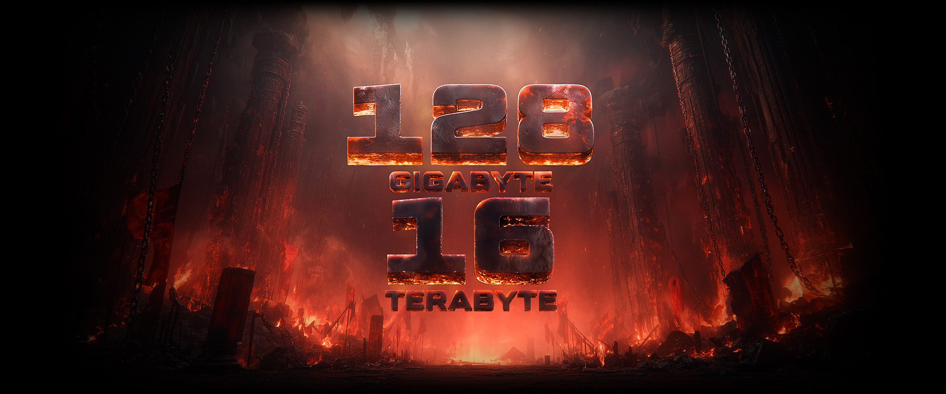 Epischer Werbebanner mit brennender 128 Gigabyte und 16 Terabyte Aufschrift vor feuriger Höhlen-Kulisse.