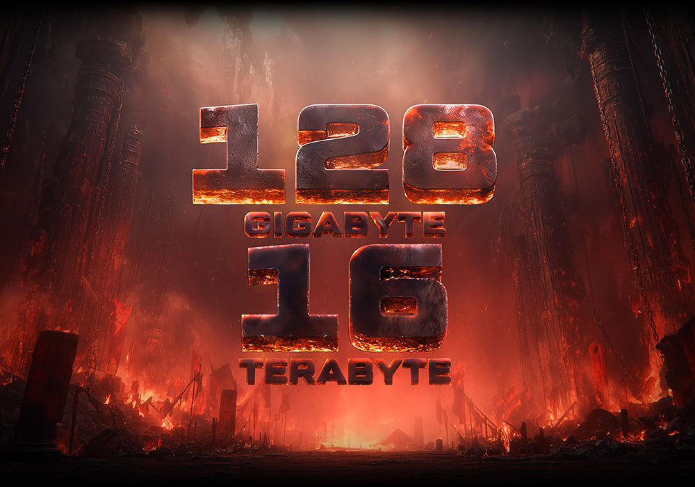 Epischer Gaming-Hintergrund mit feurigen 3D-Zahlen 128 Gigabyte und 16 Terabyte für High-End Hardware.