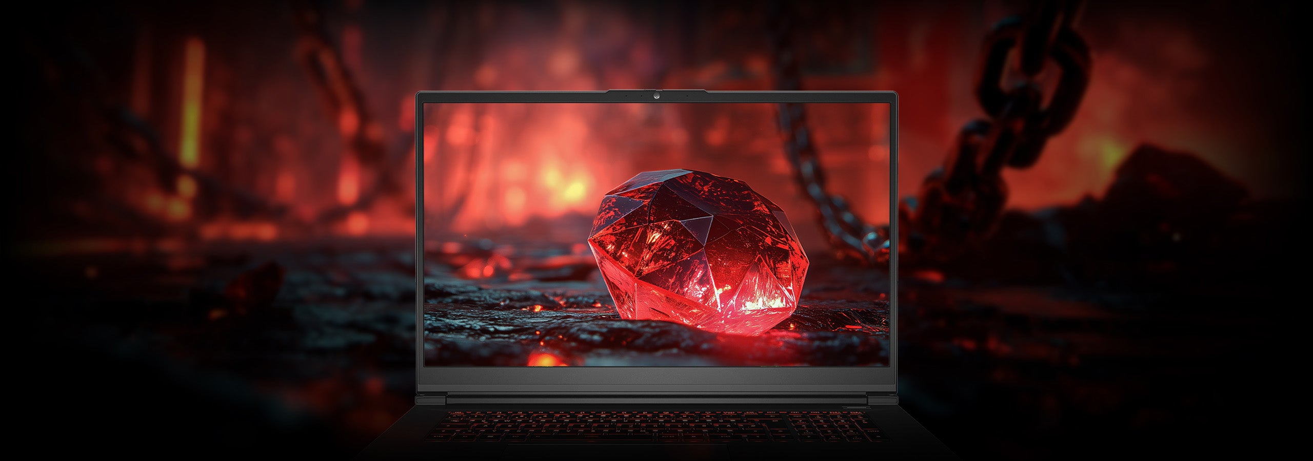 Hochwertiger Gaming-Laptop mit brillantem Display, das einen leuchtenden roten Edelstein in feuriger Fantasy-Umgebung zeigt.