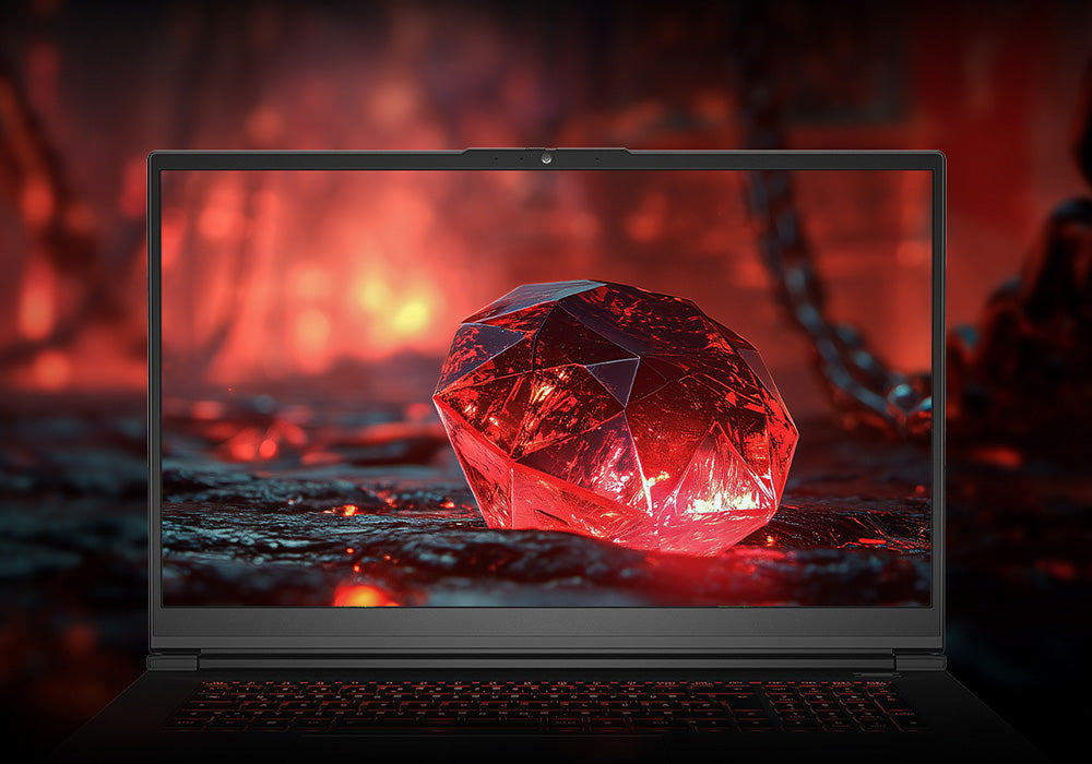 Hochauflösendes Display eines Gaming-Laptops zeigt einen leuchtenden roten Edelstein in einer fantastischen Lavakulisse.