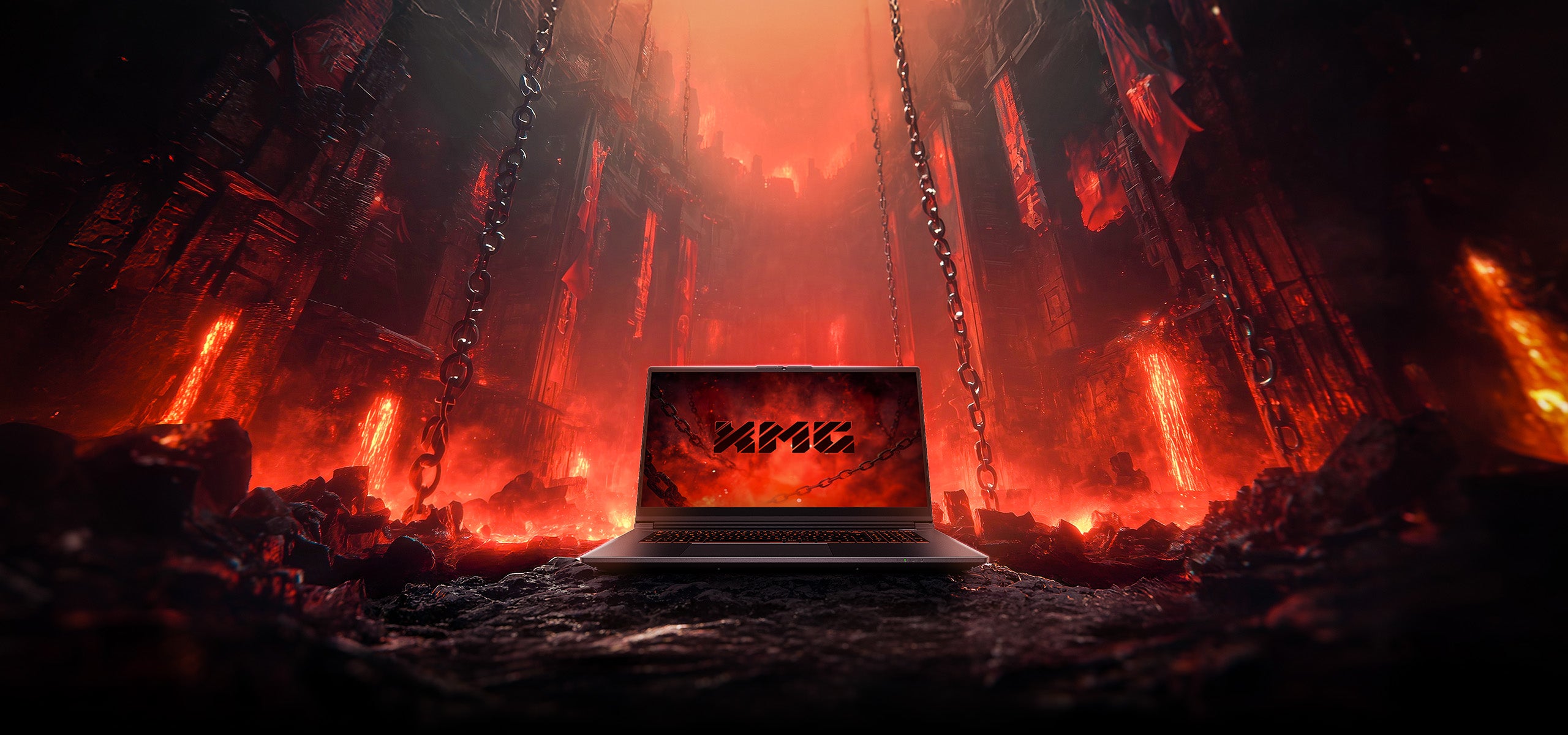 XMG Gaming-Laptop vor einer feurigen Höllenkulisse mit Ketten und roter Lava.