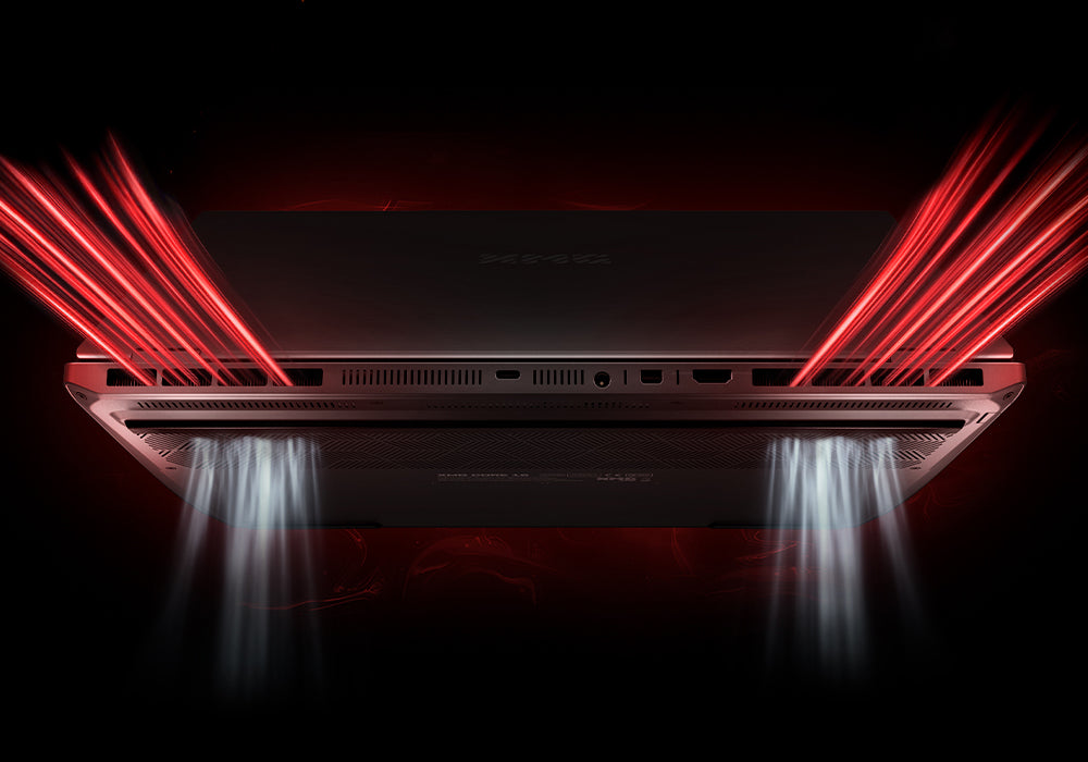 Rückseite eines Gaming-Laptops mit Anschlüssen und roter Luftstrom-Visualisierung für Kühlung