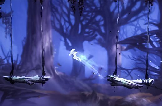 Leuchtende Spielfigur springt im mystischen blauen Wald in einem modernen Gaming-Setup.