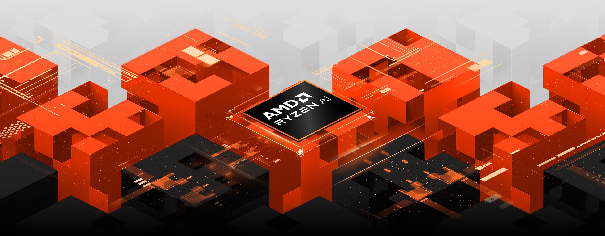 AMD Ryzen AI Prozessor eingebettet in eine futuristische, orange-schwarze 3D-Architekturlandschaft.
