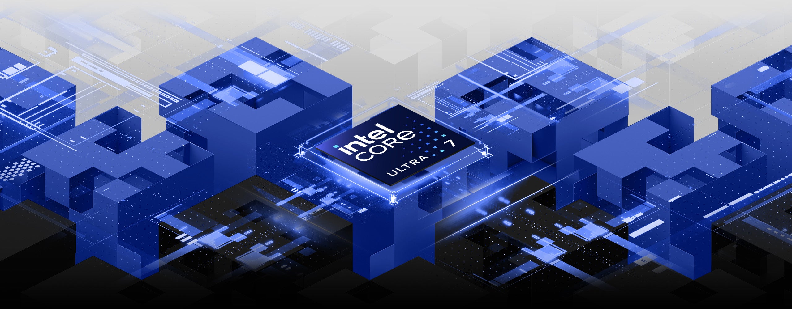 Intel Core Ultra 7 Prozessor eingebettet in eine abstrakte, blau leuchtende 3D-Tech-Architektur.
