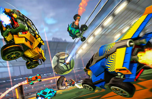 Actiongeladener Rocket League Gaming-Szenenausschnitt mit fliegenden Autos und Ball in einer futuristischen Arena.