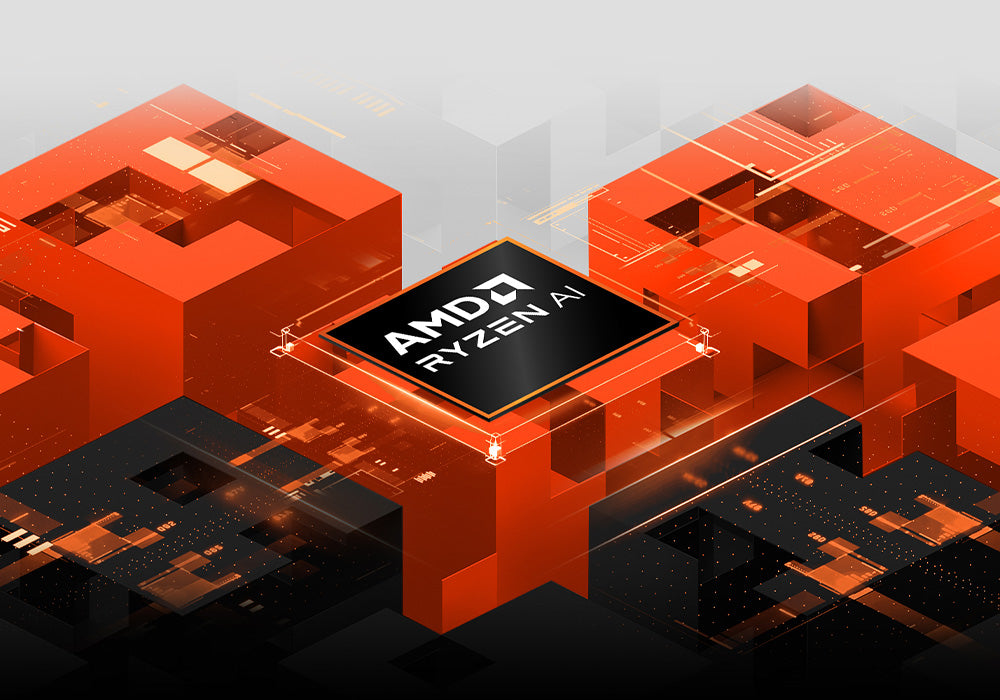 AMD Ryzen AI Prozessor umgeben von abstrakten, orange-schwarzen Hardware- und Mikrochip-Strukturen