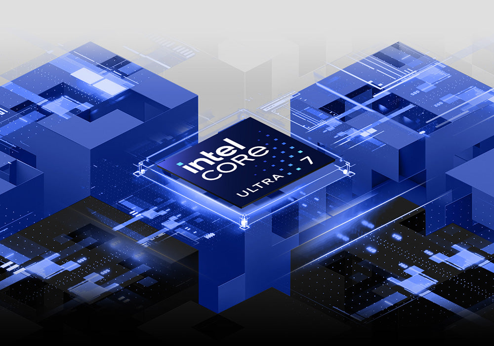 Intel Core Ultra 7 Prozessor eingebettet in eine abstrakte, blau-weiße High-Tech-Architektur aus Serverblöcken.