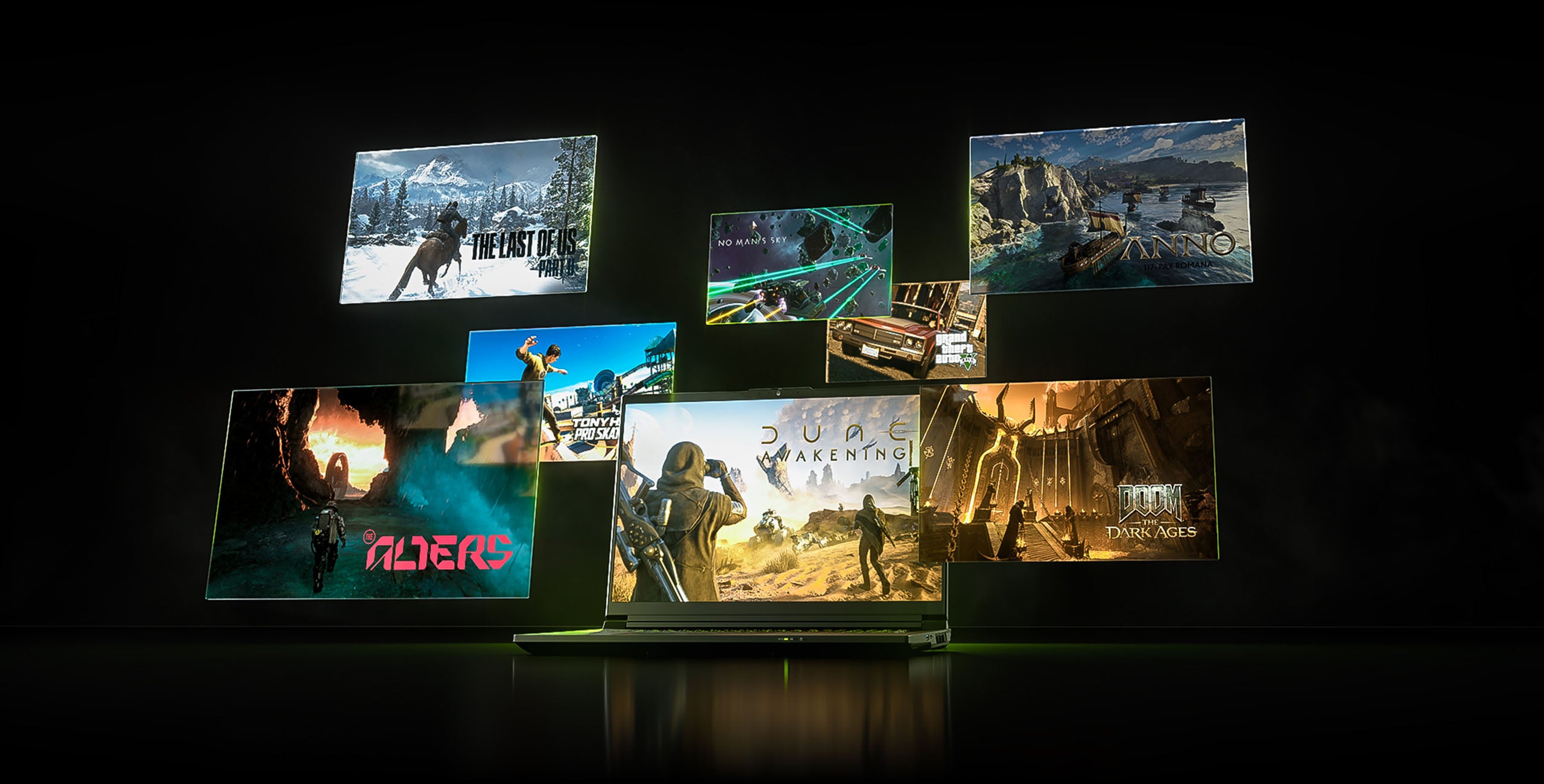 Gaming-Laptop vor dunklem Hintergrund mit schwebenden Fenstern aktueller PC-Spiele