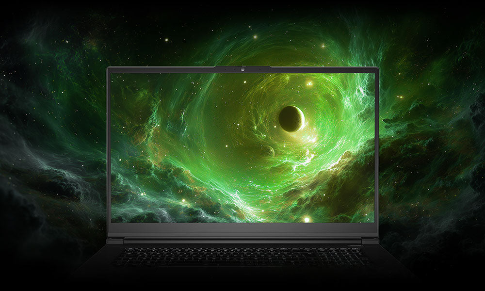 High-End Gaming-Laptop mit brillantem Display und grünem Weltraum-Hintergrundbild