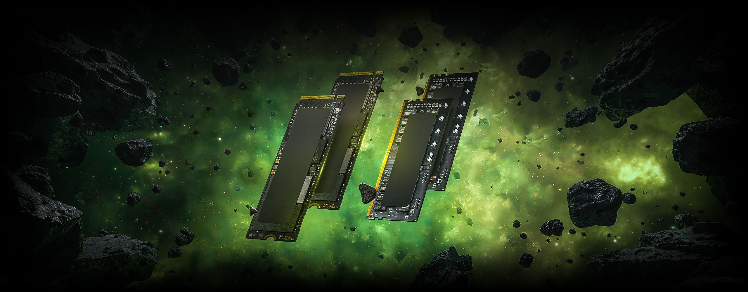 Hochleistungs-SSDs und Arbeitsspeicher schweben im grünen Weltraum umgeben von Asteroiden.