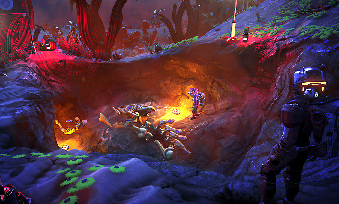 VR-Gaming-Szene mit einem Spieler in futuristischem Raumanzug in einer farbenfrohen Alien-Landschaft bei Nacht