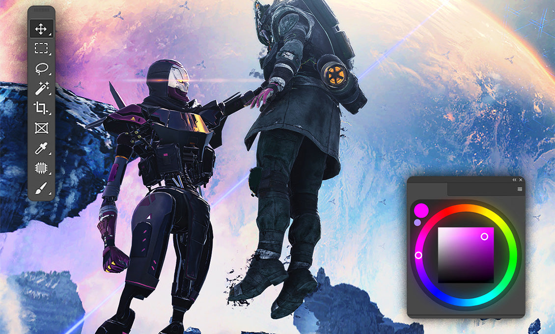 Digitale Illustration eines Science-Fiction-Charakters in einer VR-Designsoftware mit Werkzeugleisten und Farbkreis.
