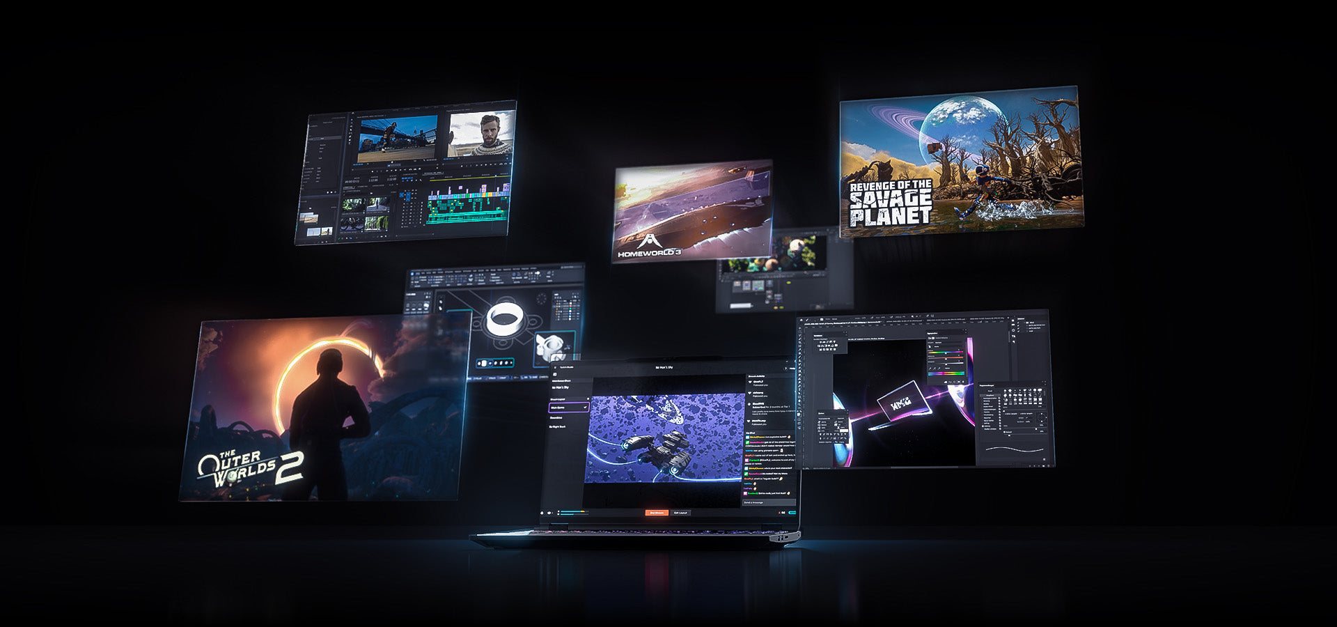 Leistungsstarker XMG Gaming-Laptop umgeben von schwebenden Fenstern mit Games, Videoschnitt und Software vor schwarzem Hintergrund.