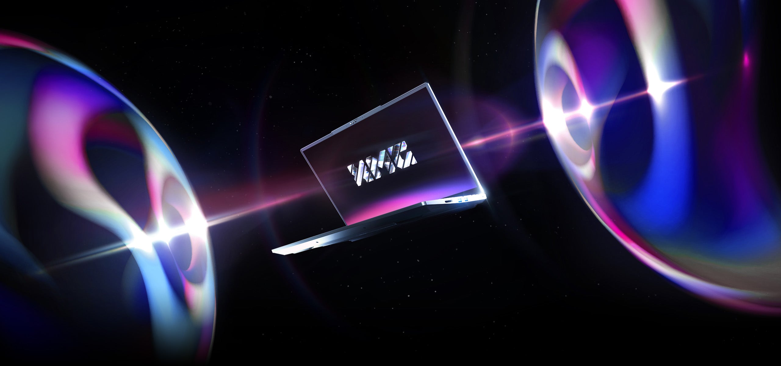 XMG High-End Gaming Laptop schwebt im Weltraum zwischen futuristischen, farbig leuchtenden Energiesphären.