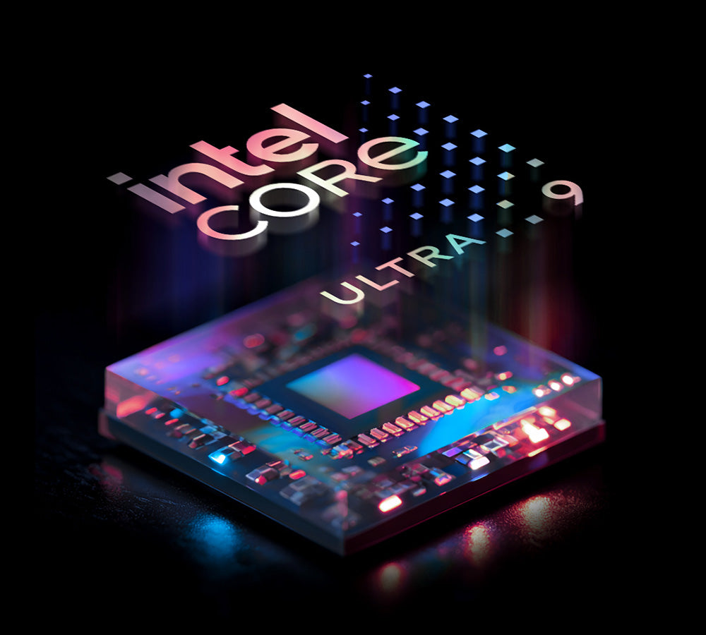 Intel Core Ultra 9 Prozessor im Detail mit leuchtendem Schriftzug auf schwarzem Hintergrund.