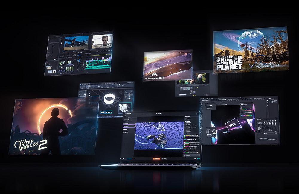 XMG Laptop umgeben von schwebenden Bildschirmen mit Gaming- und Content-Creation-Anwendungen.