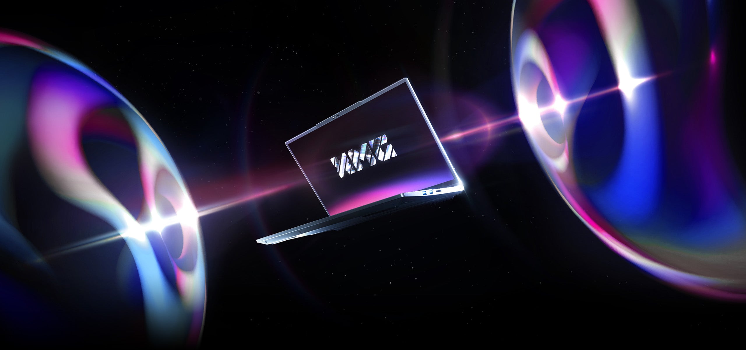 Futuristischer XMG High-End Gaming Laptop schwebt im dunklen Weltraum zwischen bunten Lichtkugeln.