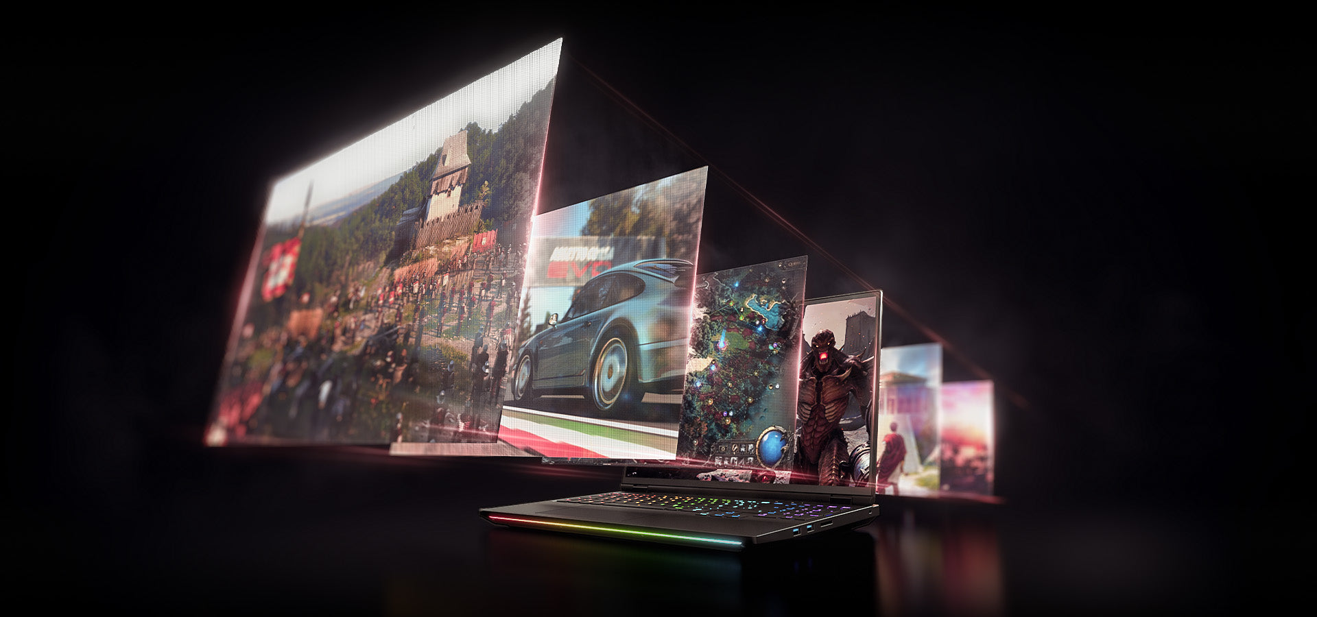 High-End Gaming-Laptop mit RGB-Beleuchtung projiziert gestaffelte virtuelle Bildschirme mit bunten Spielszenen in den Raum.