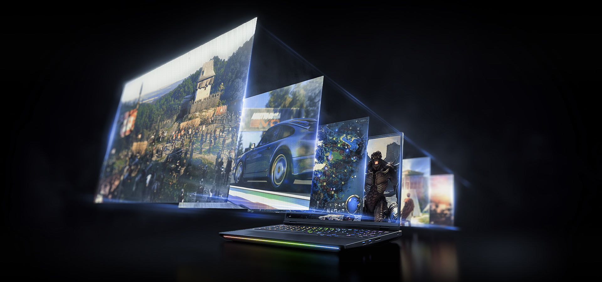 High-End Gaming Laptop mit RGB-Beleuchtung und mehrfacher, perspektivischer Bildschirmprojektion
