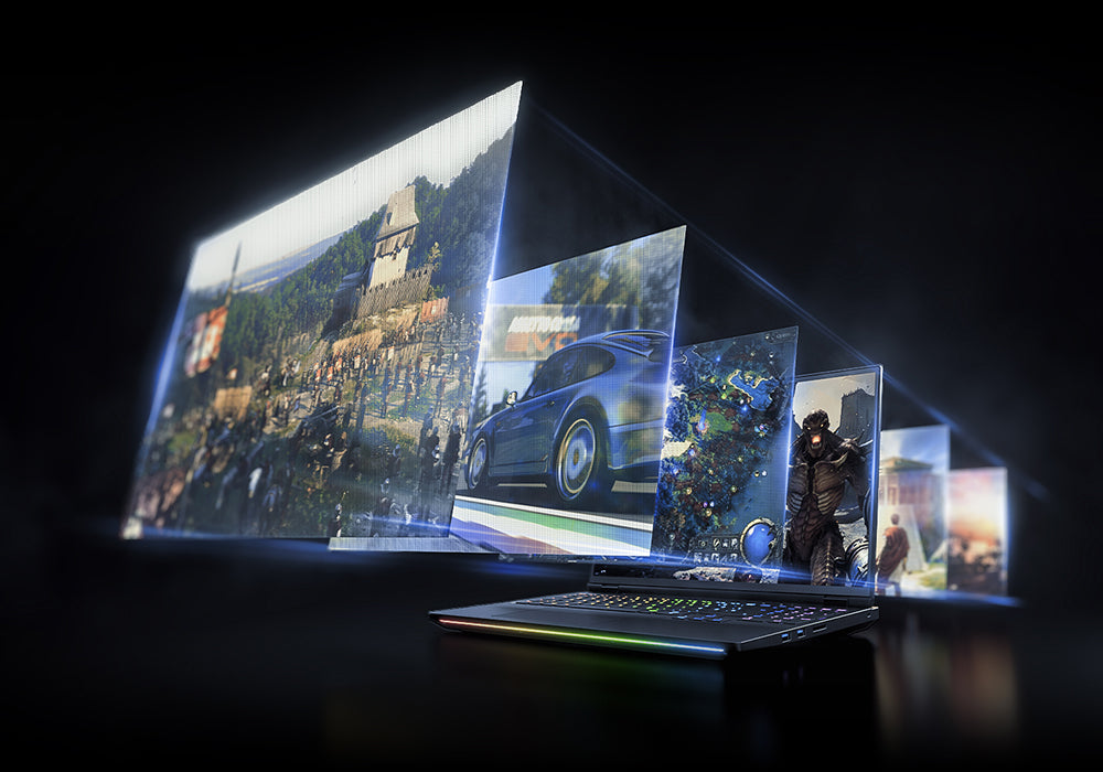 High-End Gaming-Laptop mit RGB-Beleuchtung projiziert gestapelte virtuelle Bildschirme mit Spielszenen nach vorne.